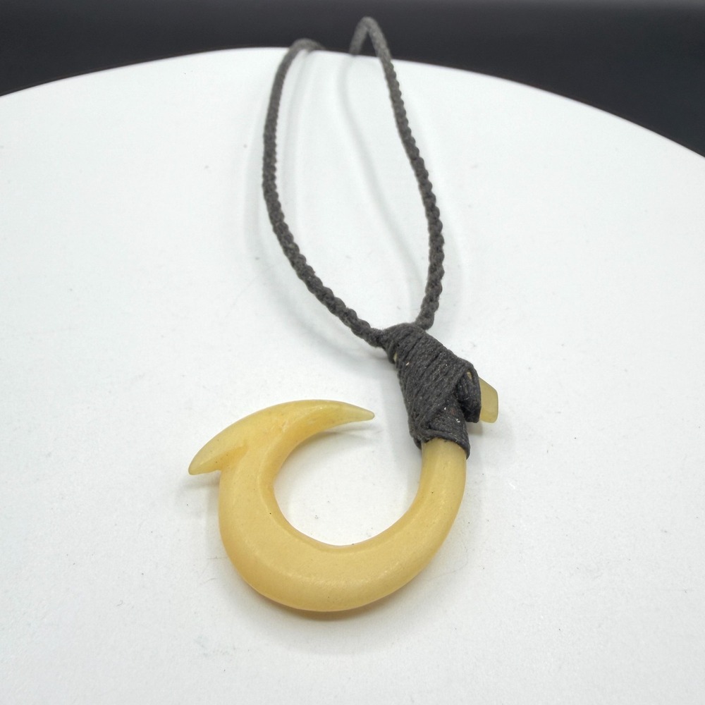 Polynesian Fish Hook Pendant Necklace Carved Bone Look Black Cord Tribal Boho